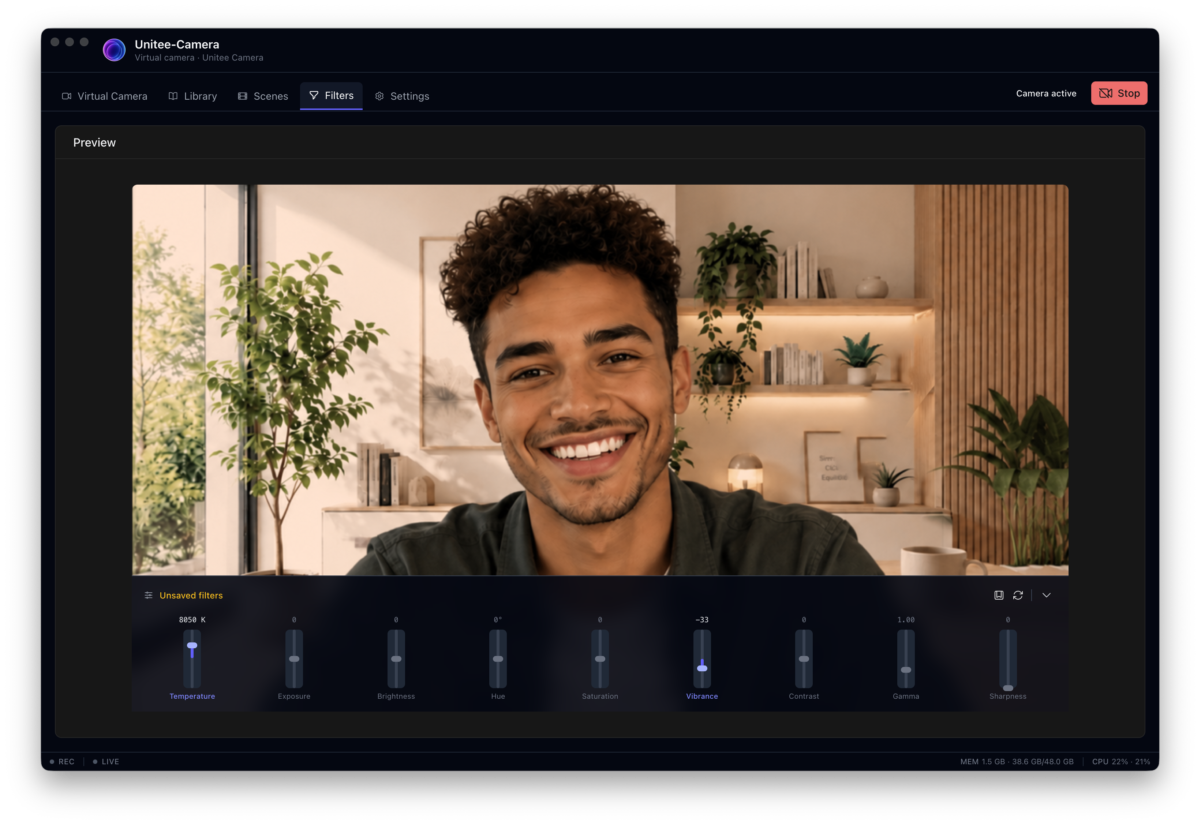 Unitee-Camera filters and profiles